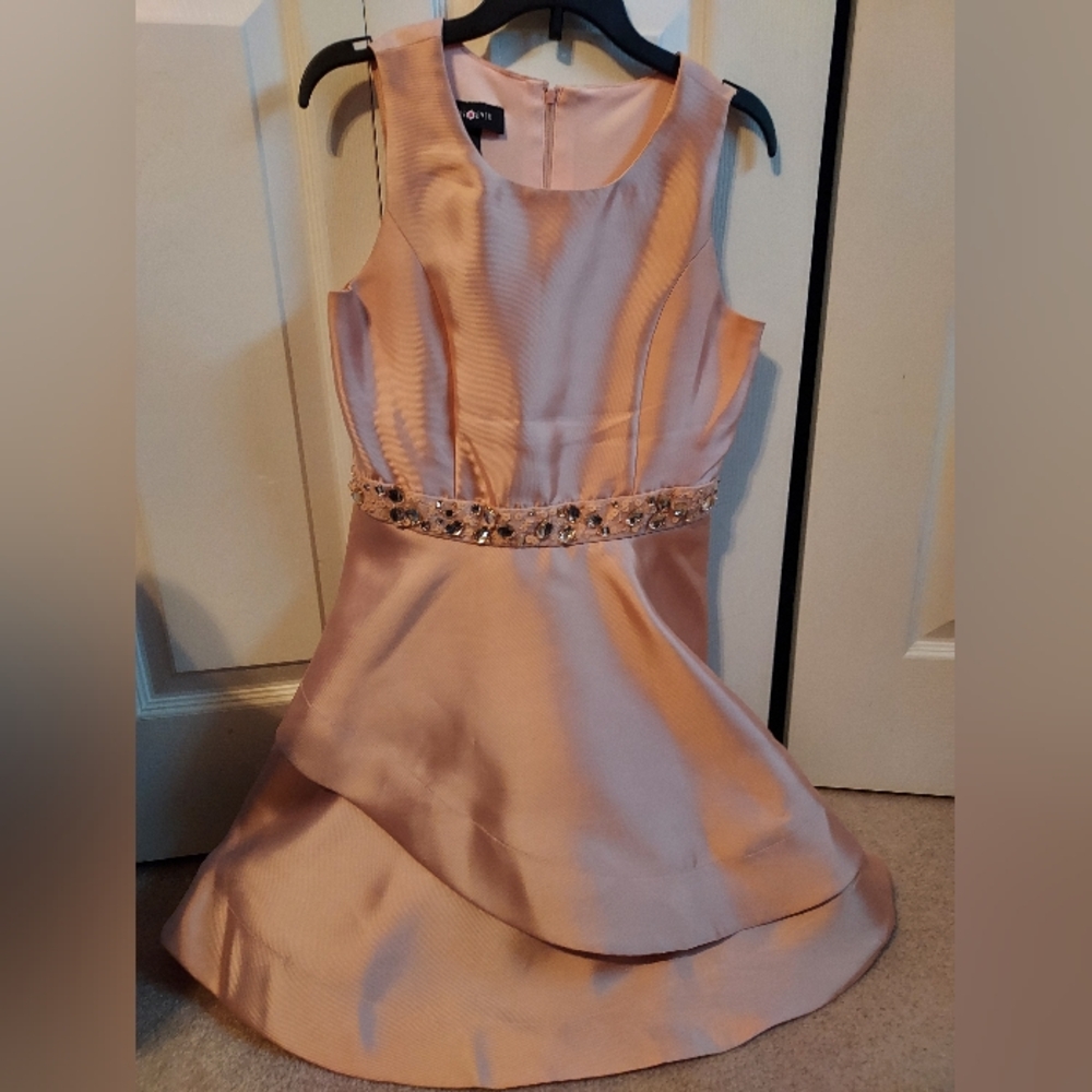 Elegant Peach Sleeveless Dress with Embellished Waist Girls' Size 16
